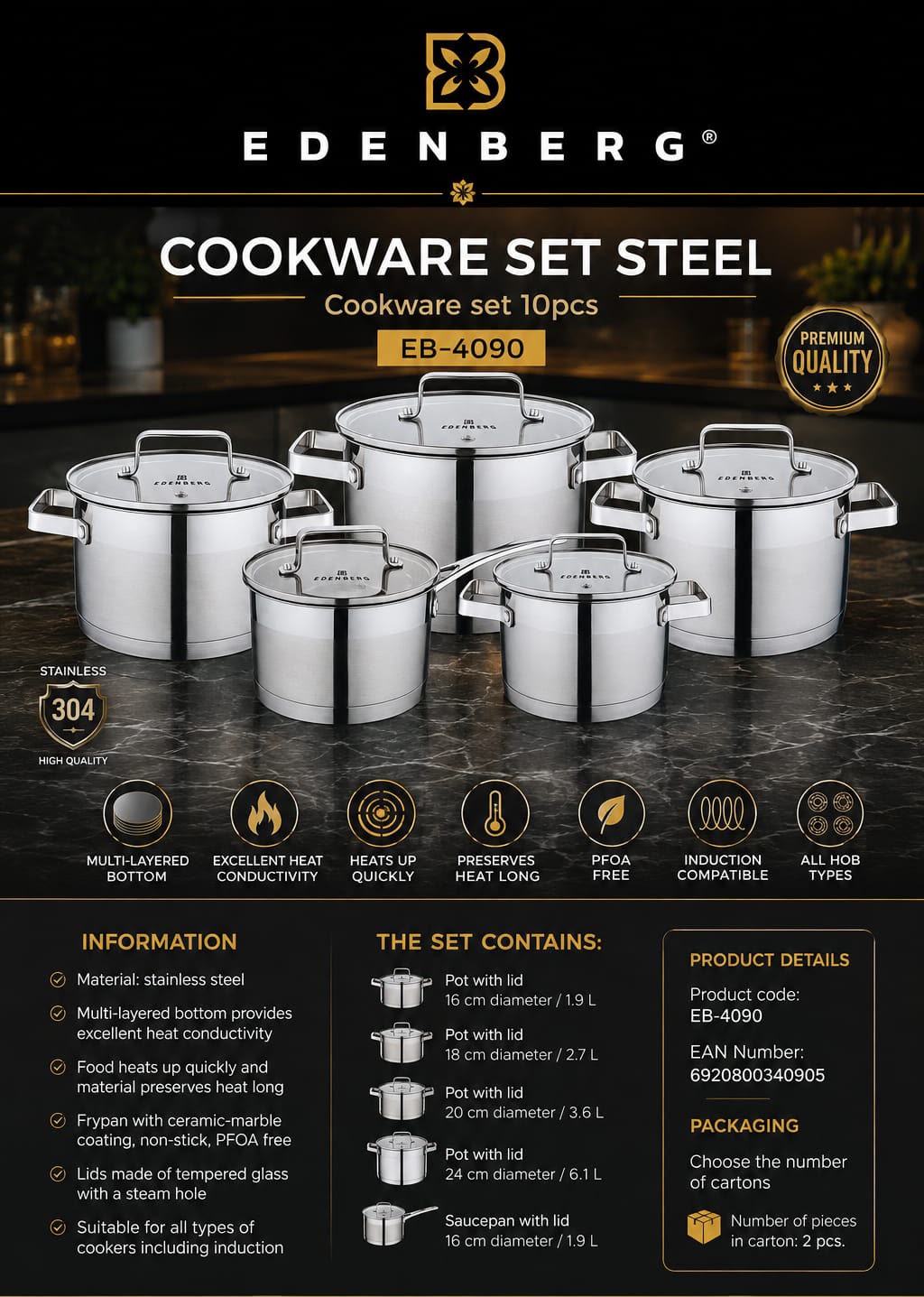 12pc Edenburg Stainless Steel Cookware